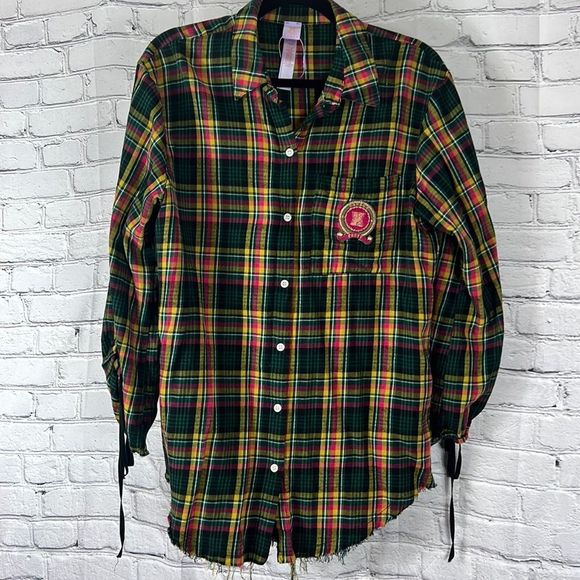 Savage Fenty plaid button up shirt top raw hem size medium - Picture 1 of 11